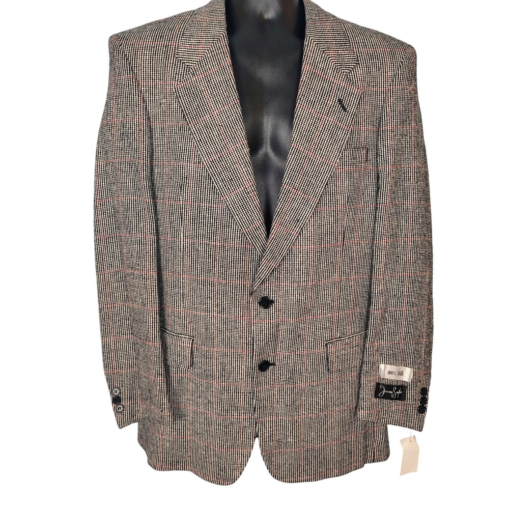 Jeremy Smythe 100% Silk Blazer 38L Houndstooth Plaid Montgomery Ward Vintage NWT